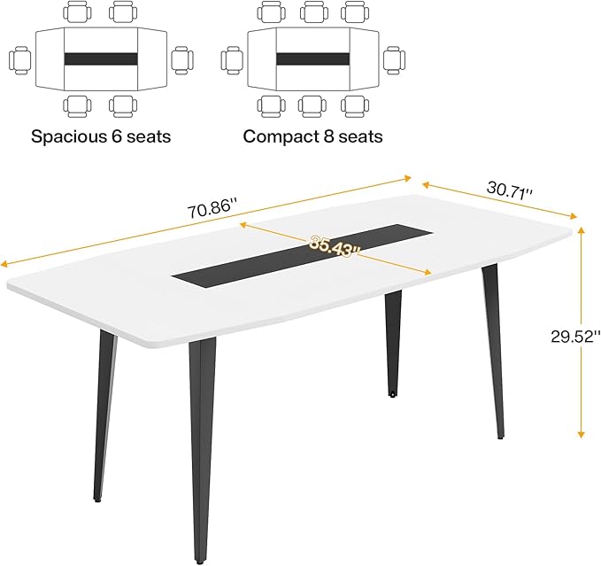 Tribesigns 6FT Conference Table, 70.86L x 35.43W x 29.52H Inches Boat Shaped Meeting Table, Modern Seminar Table for Office Meeting Conference Room (6ft, White & Black)