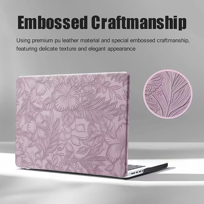 DTangLsm for MacBook Pro 16 inch Case 2025 2024-2021 M4 M3 M2 M1 Pro/Max, for Mac Book Pro 16 M4 A3403 A3186 A2991 A2780 A2485, Elegant Texture Leather Hard Case+Keyboard Cover, Embossed Floral Lilac