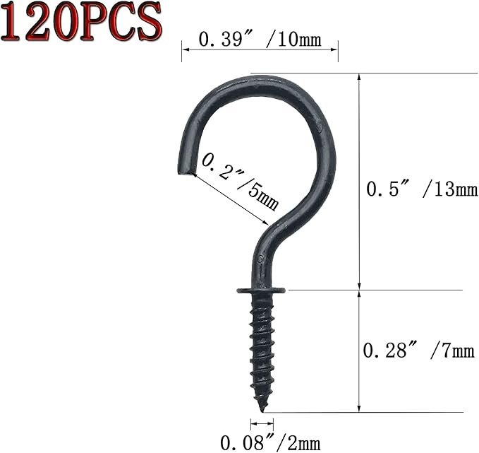 120 Pcs 1/2 Inch Screw-in Hooks Nickel Plated Metal Cup Hooks, Ceiling Hooks Black
