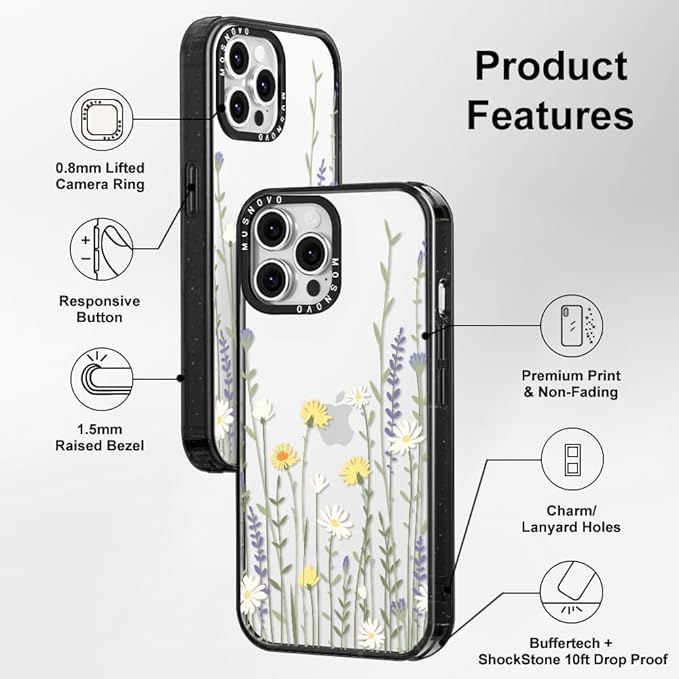 MOSNOVO Case for iPhone 13 Pro Max, [10ft 4X Military-Grade Drop Protection] Durable & Shockproof Phone Case Cover Design for iPhone 13 Pro Max - Wild Meadow - Clear Black