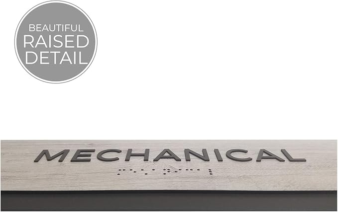 Mechanical Sign with Braille/Small Business Easy Adhesive Mount Door And Wall Sign / 3" x 9" Sign/Silver Woodgrain