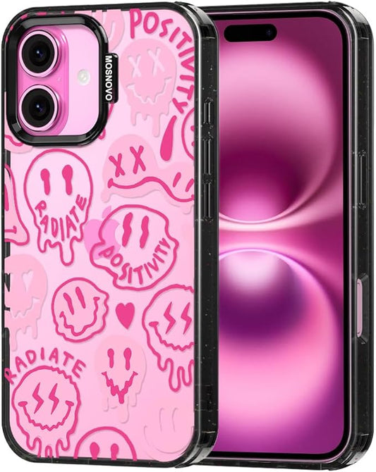 MOSNOVO Case for iPhone 16 Plus, [10ft 4X Military-Grade Drop Protection] Durable & Shockproof Phone Case Cover Design for iPhone 16 Plus - Pink Dripping Smiles - Clear Black