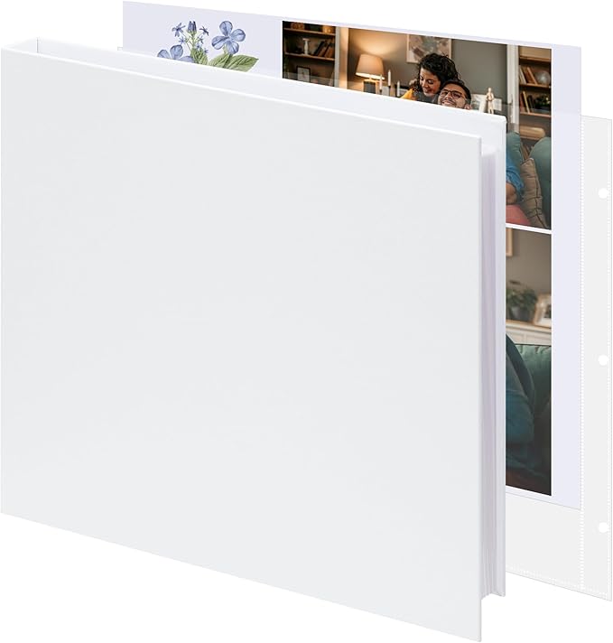 Vienrose 12x12 Inch Scrapbook 3 Ring Binder Photo Album, Linen Cover DIY Scrapbooks with 30 Sheets Plastic Sleeves and 60 Pages Scrap book White Inner Pages for Wedding Baby Travel White
