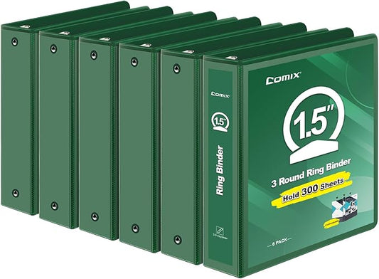 COMIX 3 Ring Binder 1.5 inch with Clear View Cover, 1.5" View Binder Holds 300 Sheets of US Letter Size Paper, 6 Pack (Green)