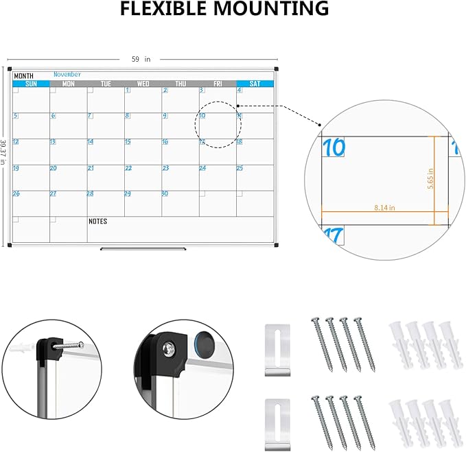 XBoard Magnetic Calendar Whiteboard 60" x 40" - Monthly Calendar Dry Erase Board, White Board + Colorful Calendar Board, Silver Aluminium Framed Monthly Planning Board