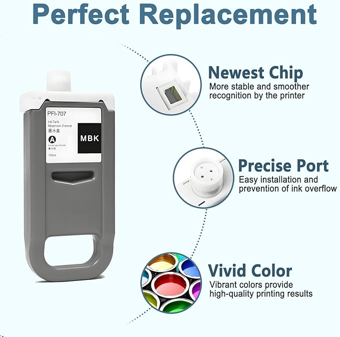 PFI-707 Ink Cartridge PFI707 Ink Tank Compatible with Canon imagePROGRAF PF830, iPF840, iPF850 CAD Plotters 700 ML (1-Pack, Matte Black)