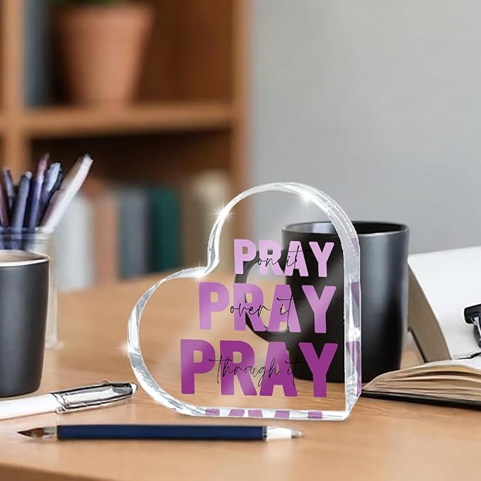 Purple Christian Gifts for Women, Religious Plaques Christian Woman Decor Gifts, Pink Room Accessories - Modern Home Office Room Bathroom Bedroom, Pray On It Over It Acrylic Sign