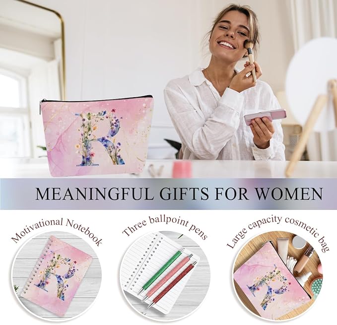 Personalized Gifts Monogrammed Birthday Gifts for Women, New Mom, Grandma Thank You Christmas, Initial 20 oz Tumbler, Makeup Cosmetic Bag Cup Pens Journal Notebook 6 Set, (Aesthetic Pink Flower R)