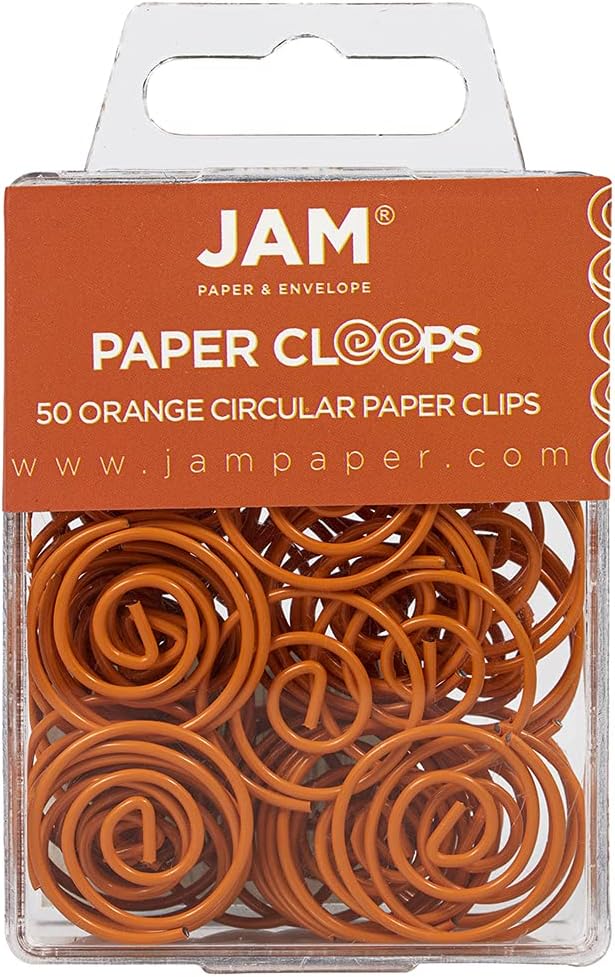 JAM PAPER Circular Paper Clips - Round Paperclips - Orange - 50/Pack