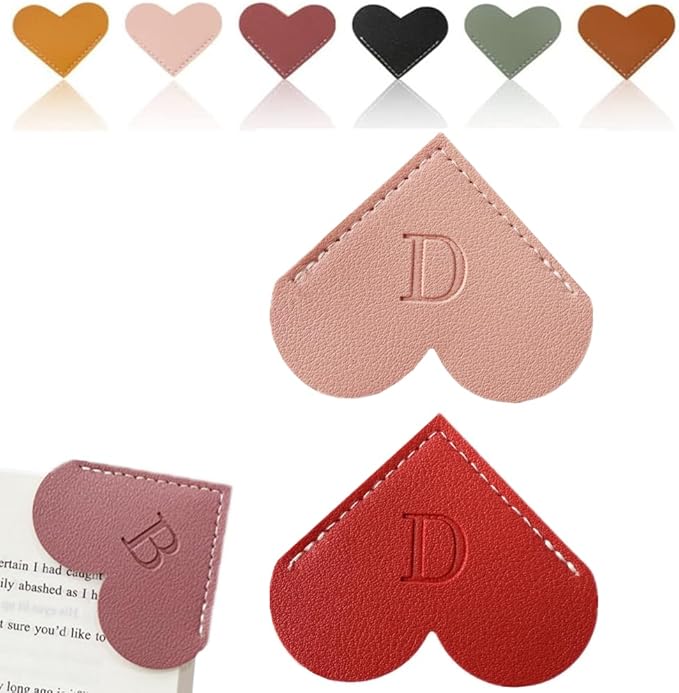 Personalized Leather Heart Bookmark, 26 Letters Customized Corner Book Mark for Reading Women, Book Marker with Initials，Cute Gifts (Red+Light Pink, D)
