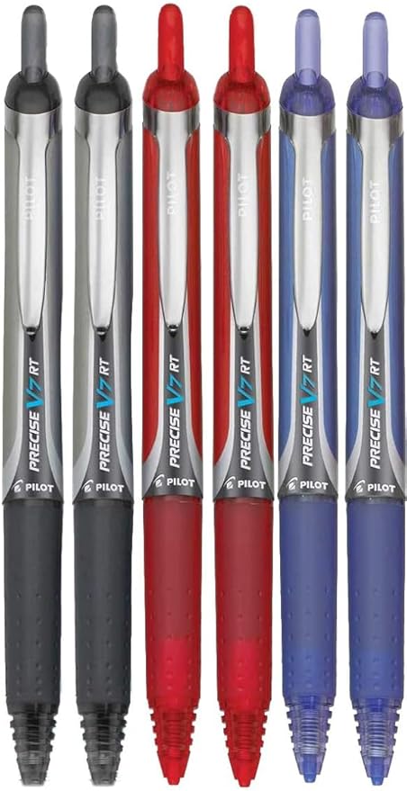 Precise V7 RT Retractable Rolling Ball Pens, Fine Point (.7mm), Assorted Colors, Black/Blue/Red Ink, 6-pk; Premium Comfort Grip, Bundle with Plastic Reusable Pouch