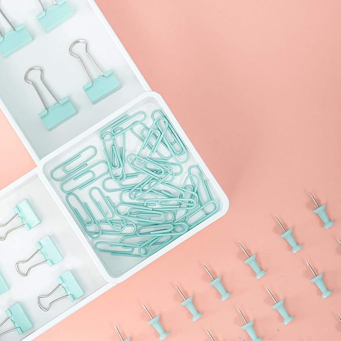 Paper Clips and Binder Clips Set, Metal Assorted Sized Binders with Push Pins, Cute Office Supplies for Desk, Desk Accessories (Green)