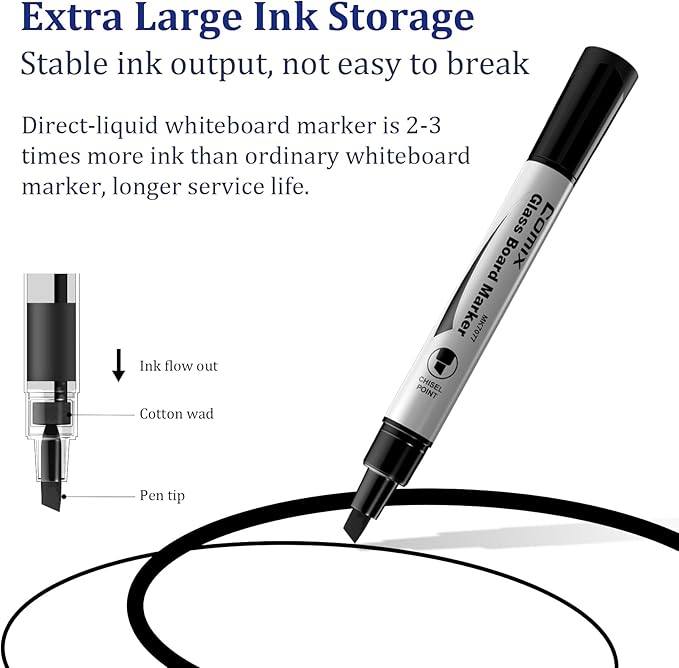 Comix Glass Board Dry Erase Markers, Low Odor Whiteboard Markers, Chisel Tip, 4 Assorted Colors, 12 Pack