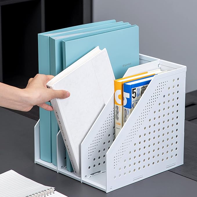 SAYEEC 1Pcs Collapsible Plastic Magazine File Holder Vertical Binder Storage Organizer for Desk Sturdy Upright Desktop Magazine Organizer Folder Rack for Office School Home (3 Compartments, Gray)