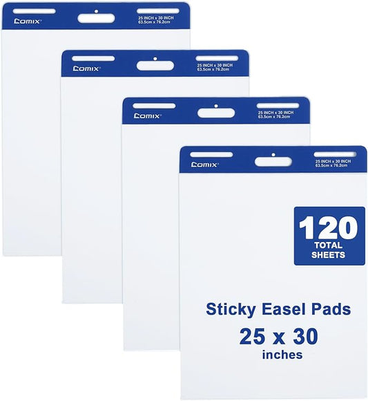 Comix Sticky Easel Pad, 25 x 30 Inches Flip Chart Paper for Teachers, Large Self Stick Easel Paper for Office School Classroom Supplies, 30 Sheets/Pad, 4 Pads/Pack