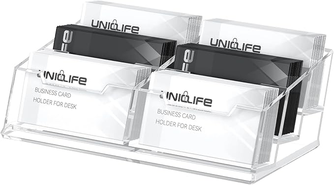Uniclife Acrylic Business Card Holder for Desk 6 Slots Clear Business Card Display Stand for Men & Women Desktop Business Card Organizer Card Stand for Office Home Exhibition, 360 Card Capacity