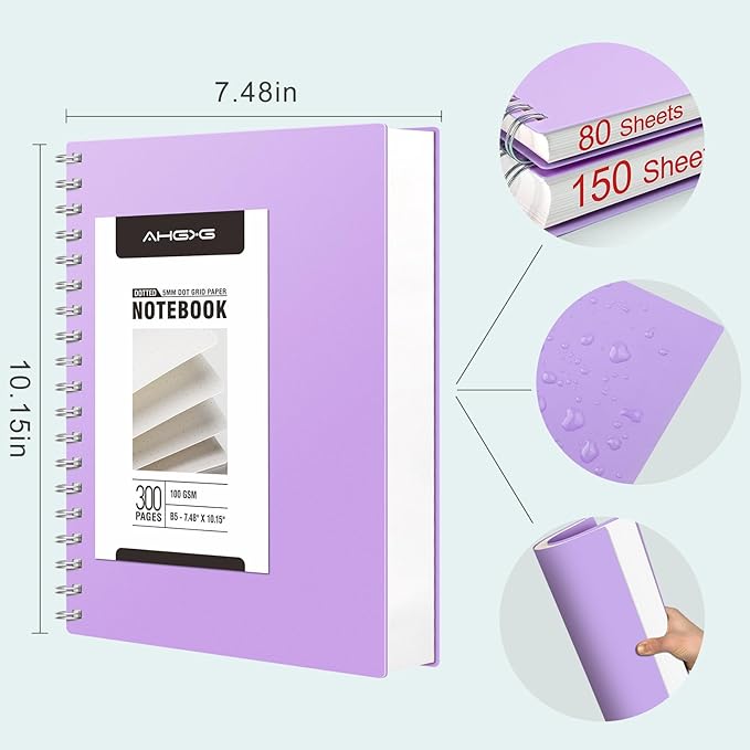 AHGXG Bullet Dotted Journal Spiral Notebook - 300 Pages Dot Grid Notebook B5 Thick Journal, 100GSM Thick Dotted Paper, Plastic Hardcover, with Journal Stencils, 7.3"X 10" - Purple