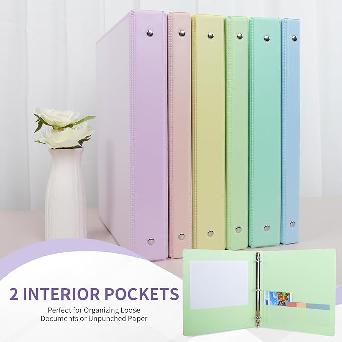 1" 3-Ring Binder, 1-inch Pastel Color Binders with 2 Inside Pockets, Clear View Cover Binder Holds 8.5'' x 11''Paper, Round Ring Binders for Office/Home/School, 6 Pack (Assorted 6 Colors)