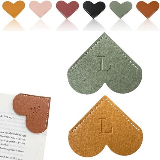 Personalized Leather Heart Bookmark, 26 Letters Customized Corner Book Mark for Reading Women, Book Marker with Initials，Cute Gifts (Green+Light Brown, L)