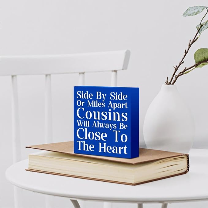 Cousin Wooden Box Sign Decorative Cousins Gifts Home Office Desk Decor for Tabletop Bookshelf Farmhouse Bedroom Living Room Library Dining Room Rustic Square Tiered Tray Wall Decor birthday Blue