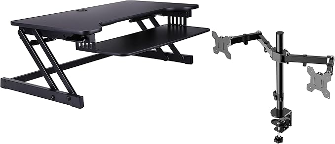 Rocelco 37.5" Deluxe Height Adjustable Standing Desk Converter with Dual Monitor Mount BUNDLE - Quick Sit Stand Up Computer Workstation Riser - Large Retractable Keyboard Tray - Black (R DADRB-DM2)