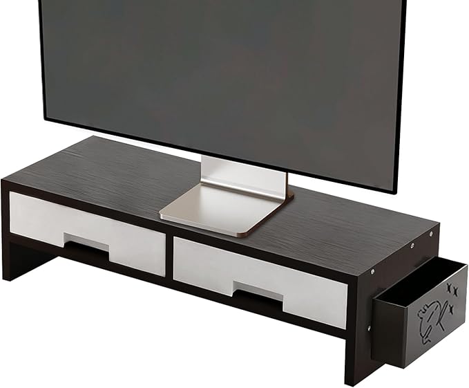 Stand Riser - Ergonomic Double Drawer Desk Organizer for Monitors, Sturdy Computer Stand with Storage Space, Desktop Accessory for Family Home Offices Indoor Study Room