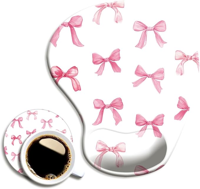 Ergonomic Mouse Pad with Wrist Support,Mouse Pad with Wrist Rest and Coaster Set,Office Supplies Non-Slip Mouse Pads for Desk, Non-Slip Comfortable,Pink Bow