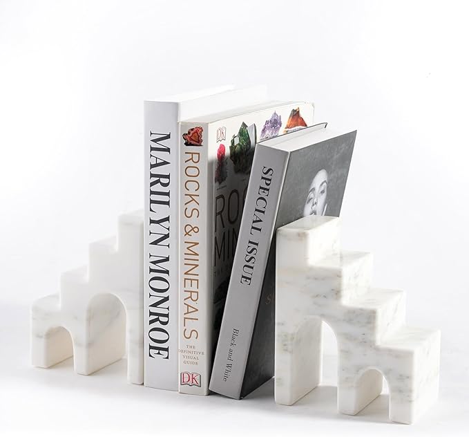 Natural Marble Book Ends for Shelves, Decorative Bookends for Heavy Books, CastleGuard Bookend Book Holder Stopper for Home Office Desk Bookshelf Decoration, Set of 2 (Oriental Calacatta)