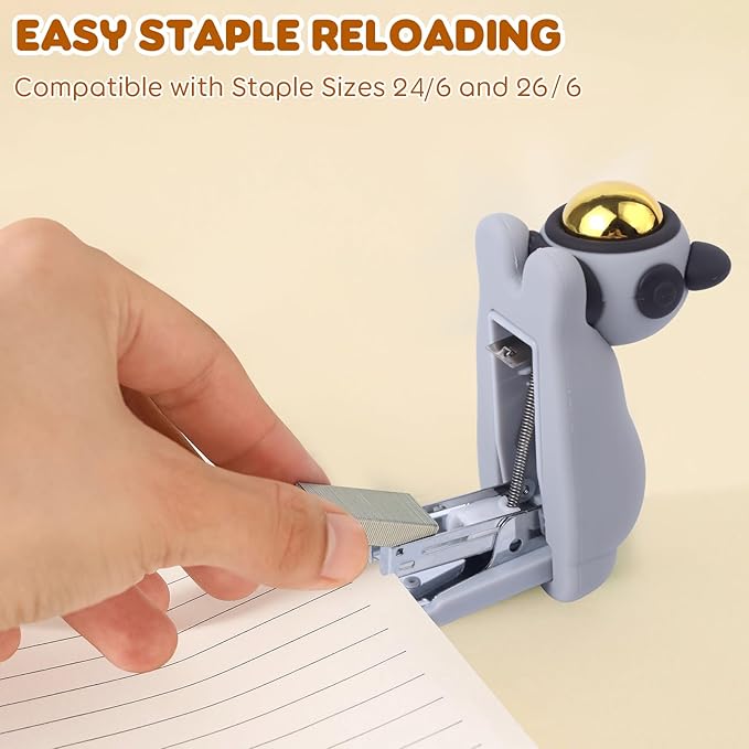 Honagu Cute Stapler, Cartoon Stereoscopic Silicone Stapler, Labor-Saving Office Supplies, Desktop Stationery Gift for Students Kids (Grey)