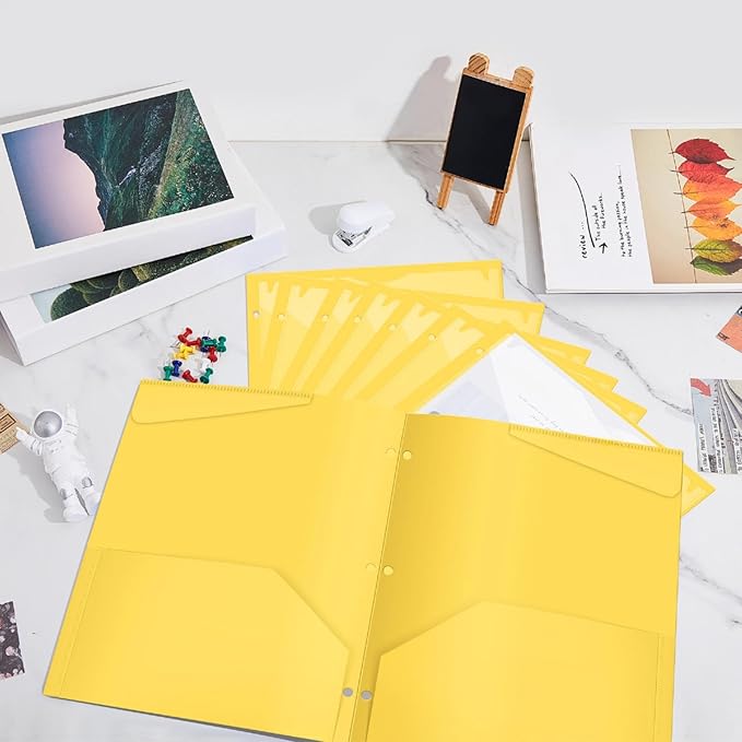 Henoyso 60 Pcs 2 Pocket Plastic Folders with Clear Front Pocket 3 Hole Punched File Folder Letter Size Take Home Documents Holder for Paper Holder Office Business Back to School Supply (Yellow)