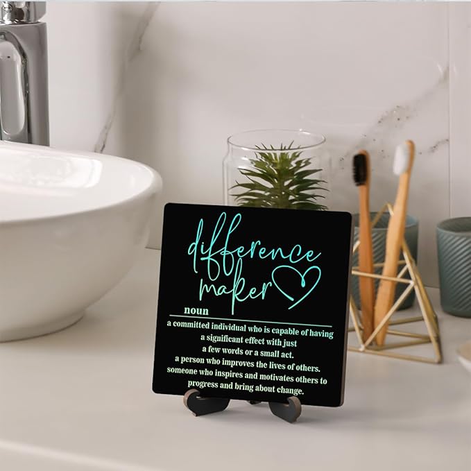 Wooden Table Sign Office Decor Difference Maker Definition Desk Decor Wood Plaque With Stand Thank You Gifts for Boss Women Best Mom Coworker Teacher Office Desk Accessories(Black)-C03