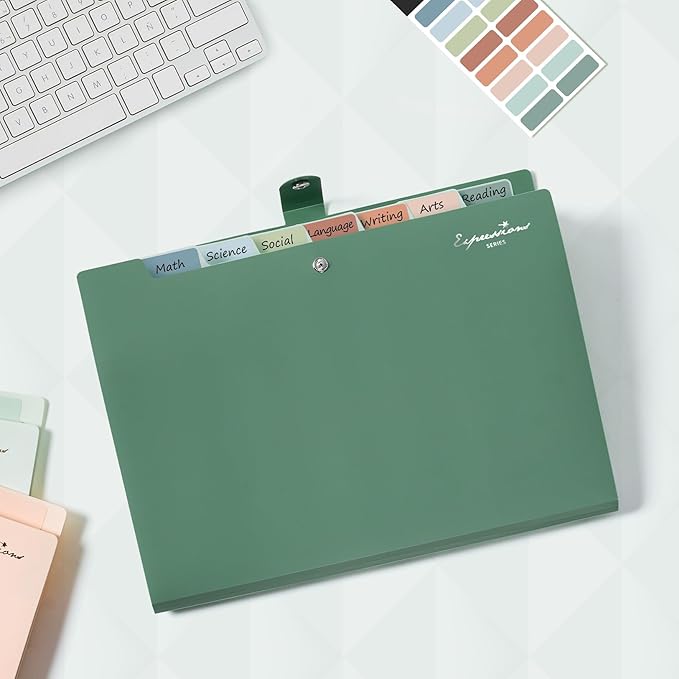 Sooez Elegant Accordion File Organizer, 8 Pocket Expanding File Folders with Labels, Portable Folder for Documents, Cute Paper Organizer for School Office Supplies, Letter Size, Light Green