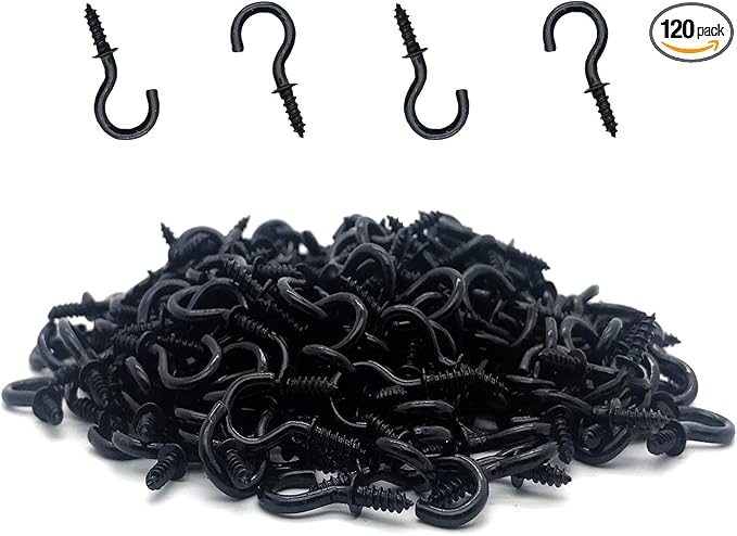 120 Pcs 1/2 Inch Screw-in Hooks Nickel Plated Metal Cup Hooks, Ceiling Hooks Black