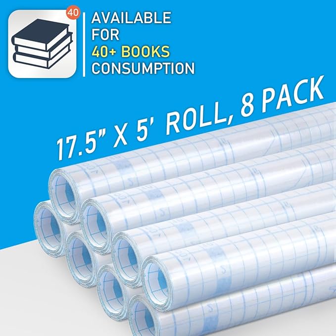 Chell 8 Pack Clear Contact Paper Roll for Books, 17.5in x 5ft Clear Self Adhesive Book Cover Paper Protector