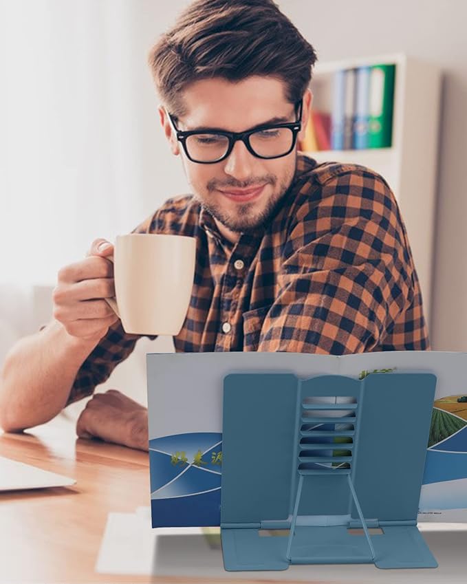 MSDADA Desk Book Stand Holder for Reading, Adjustable Cookbook Stand Metal Reading Stand for Textbooks Recipes Music Books Tablet (Morandi Navy)