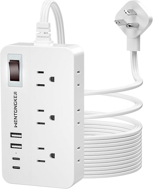 Surge Protector Power Strip - 5Ft Braided Extension Cord Flat Plug with 6 Outlets and 2 USB-A 2 USB-C Ports, 1080 Joules Wall Mounted Charging Station for Office Home ETL (15FT)