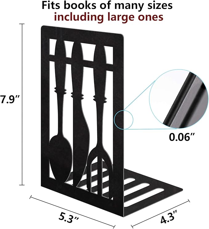 Book Ends,Metal Bookend,Bookend Decorative Heavy Book Ends for Shelves, Home Decorative Bookends for Heavy Books,Non-Skid Black Book Holder for Kitchen Housewarming Cooking Lover Gifts