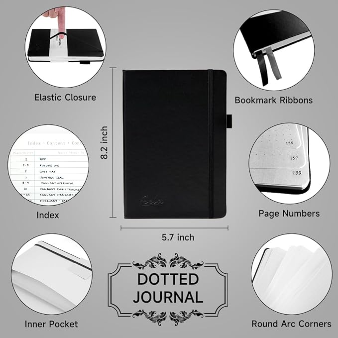 feela Dotted Journal Kit, Dot Grid Journal Hardcover Planner Notebook Set For Beginners Women Girls Note Taking with Journaling Supplies Stencils Stickers Pens Accessories, A5, 224 Pages, Black