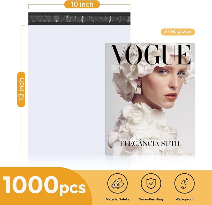 Metronic Poly Mailers 10X13 1000 Pack, Strong Adhesive Shipping Envelopes for Clothing, Medium Shipping Bags for Small Businesses, Waterproof Mailers Poly Bags (White, 10x13 1000PC)