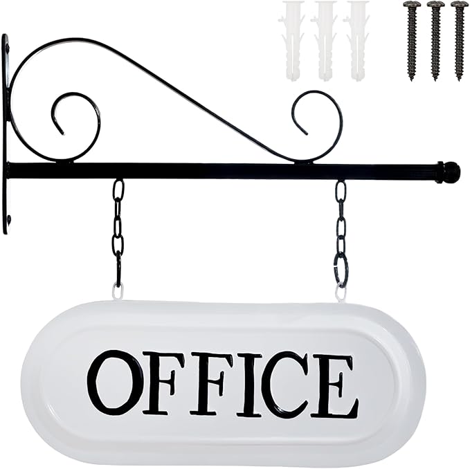 AuldHome Design Wall-Mounted Metal Office Sign, Farmhouse Enamelware 2-Sided Reception/Office Sign