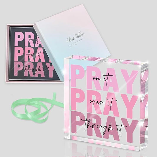 Ideal Christian Gifts for Women - Pray On It,Pray Over It - Bible Verse Desk Art,Pink Inspirational Decor, Pink Dorm Room Decor for Women, Measuring 4 x 4 inches with Gift Box and a Ribbon