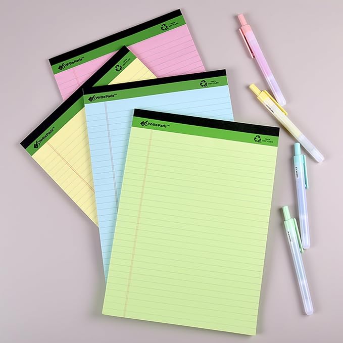 KAISA Colored Legal Pad 15lb Recycled Paper Writing Pad, 4pcs 5"x8" Narrow Ruled and 4pcs 8.5x11 inch Wide Ruled, 50 Sheets, Mixed 8pads, KSU-7358