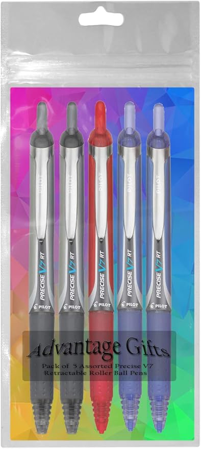 Precise V7 RT Retractable Rolling Ball Pens, Fine Point (.7mm), Assorted Colors Black/Blue/Red Ink, 5-pk; Premium Comfort Grip, Bundle with Plastic Reusable Pouch