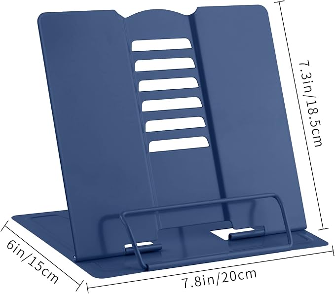 MSDADA Book Stand Metal Reading Rest Book Holder Adjustable Cookbook Documents Holder Portable Sturdy Bookstands for Recipes Textbooks with Page Clips Birthday Gifts for Girls Mom Students(Royal blue)