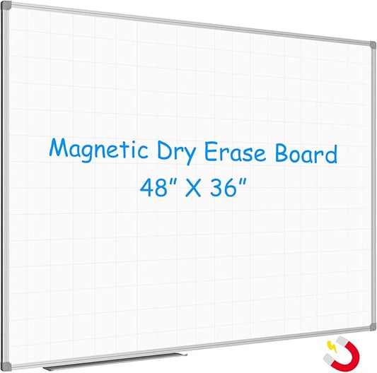 JILoffice Magnetic Dry Erase Planning Board, Grid Pattern White Board 48 x 36 Inch, Silver Aluminum Frame with Detachable Marker Tray for Office School and Home