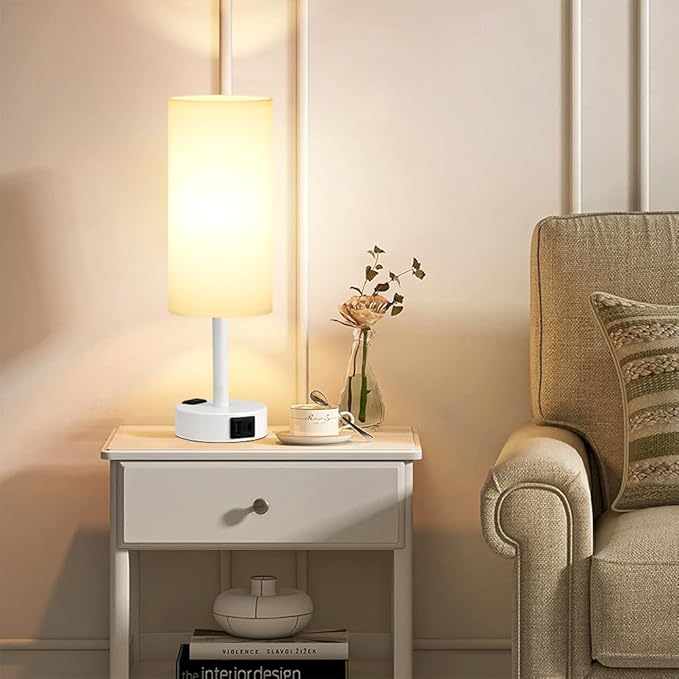 Fenmzee Matte White Bedside Table Lamp for Bedroom - 3 Way Dimmable Touch Lamp USB C Charging Ports and AC Outlet, Small Lamp Round Flaxen Fabric Shade for Living Room, Desk, LED Bulb Included