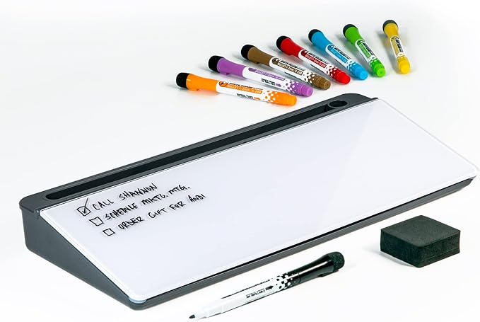 Glassboard Studio Glass Dry Erase Doodle Tray for Desktop Office Supply Storage - Marker and Eraser Included (8 Markers, Gray)