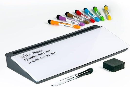 Glassboard Studio Glass Dry Erase Doodle Tray for Desktop Office Supply Storage - Marker and Eraser Included (8 Markers, Gray)