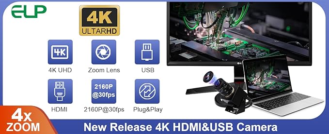 ELP 4K HDMI USB Camera - 2.8-12mm 4X Zoom Webcam With Manual Adjustment for Computer, TV, Projector, Monitor