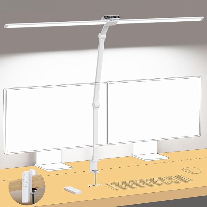 TROND LED Desk Lamp with Clamp, 29.55'' Tall Desk Light with Remote, 1500LM Bright Table Lamp, Swing Arm Clip on Light, Eye-Caring, Touch Control Dimmable for Home Office Monitor Reading Study Task